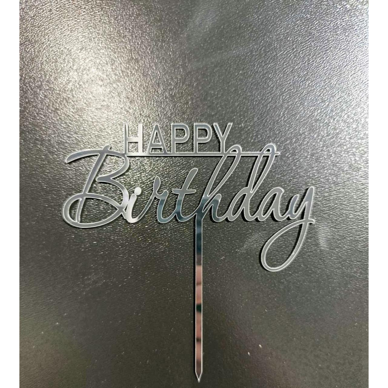 Топер дзеркальний happy birthday ( срібло) на ніжці #2 Топер дзеркальний happy birthday ( срібло) на ніжці #2